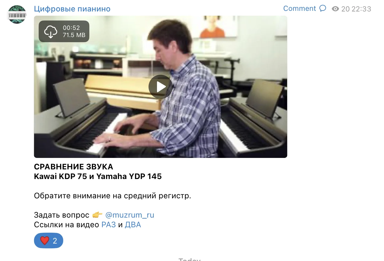 Просто скрин нашего телеграм-канала. Жмите на синюю кнопку, чтобы послушать сравнение Kawai KDP75 и Yamaha YDP 145