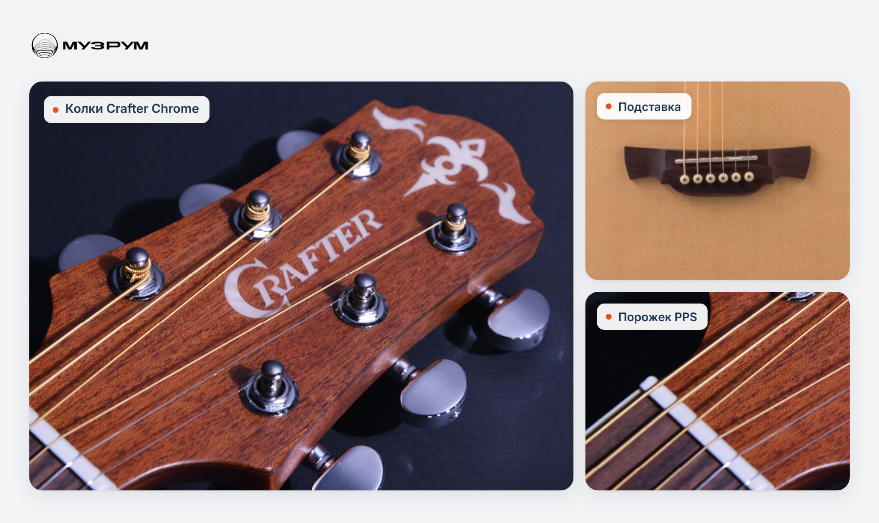 Конструкция струнодержателя и механики Crafter D-6. Источник: crafterguitars.com.